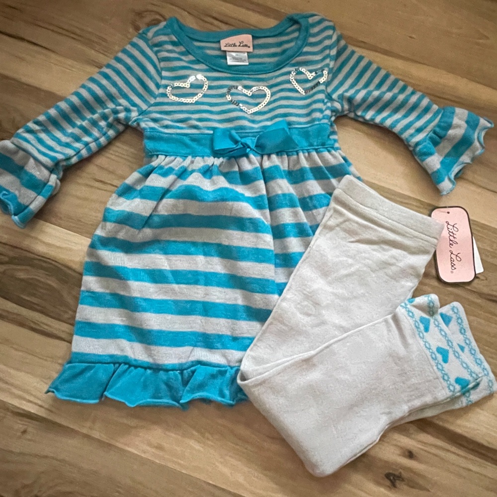 Little Lass Sweater Dress and Knit Legging Set Turquoise and Gray Stripe…